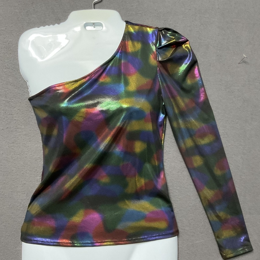 Love J Holographic One Shoulder Long‎ Sleeve Top Metallic Look Size S